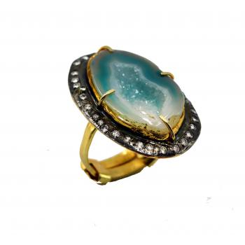 Handmade Designer Nickel-Free Gold Plated High Fashion Designer Agate with CZ Stone Seated Ring 